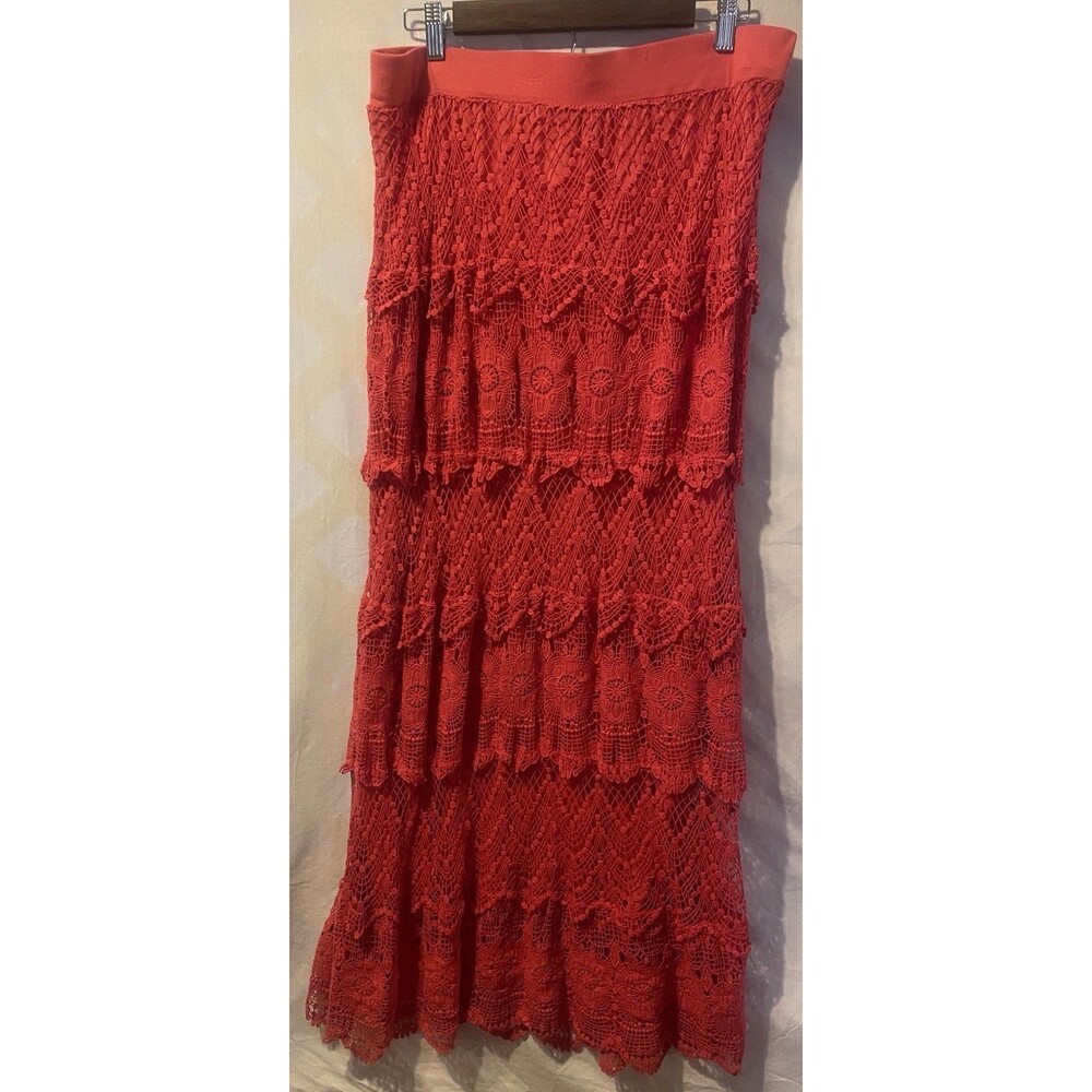 CHELSEA & THEODORE Tiered Lace Coral Red Maxi Skirt L Fairy Coquette Cottagecore